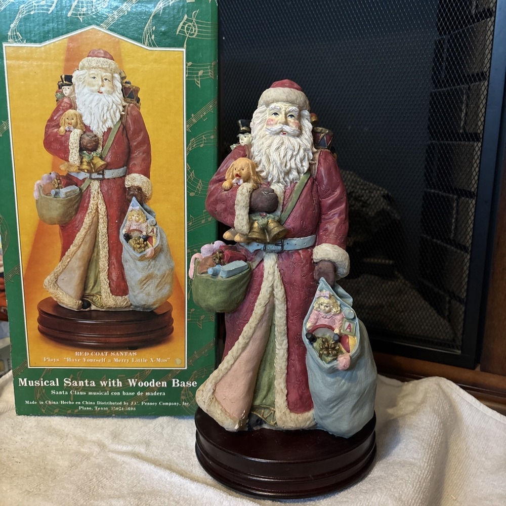 VTG JCP Musical Old World Santa Figurine Wooden Base 90s "Have Yourself A Merry